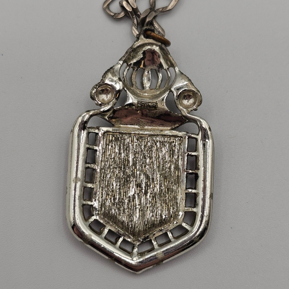 Medieval Style Crest Shield Pendant Necklace Heraldic Silver Tone Red Crown - Picture 3 of 10